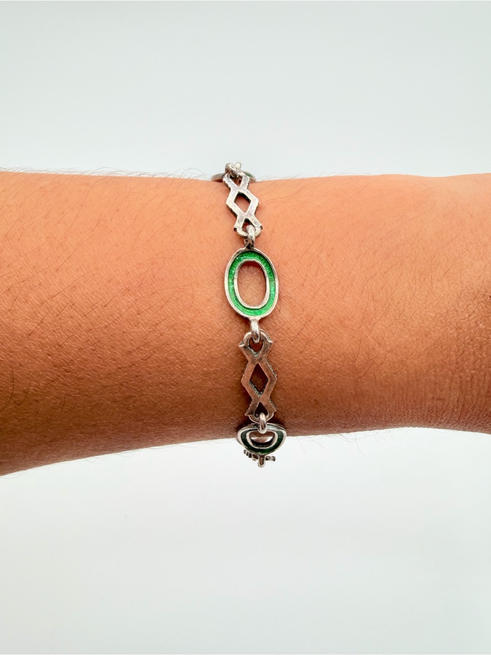 Sterling Silver Green Enamel Link Bracelet Art Deco Style